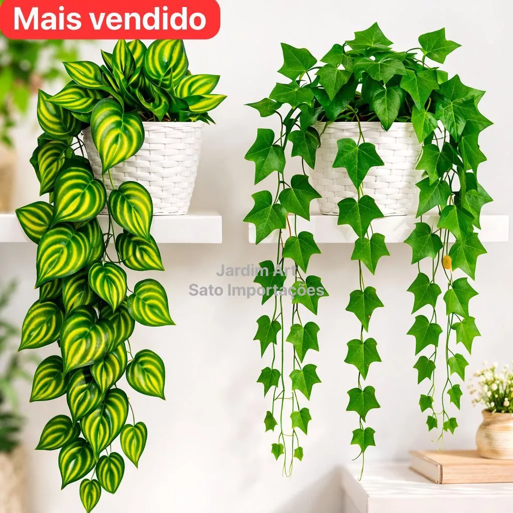 Arranjo Completo 1 Vaso Vime Trançado BRANCO + 1 Pendente Planta Pendurada Hera Ivy Verde PT11BRANCO — imagem 1