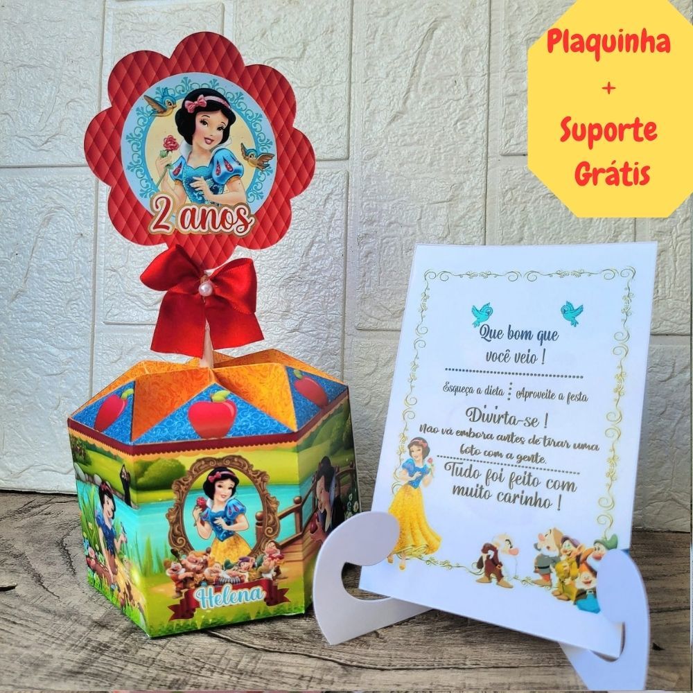 Centro de Mesa Branca de Neve-Caixa Sextavada Personalizada/Lembrancinha Festa Infantil Princesa + Plaquinha/Cachepô