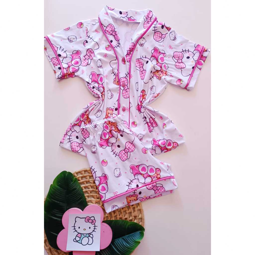 Pijama Infantil Americano Hello Kitty Laço Rosa , Suede Premium Alta Qualidade