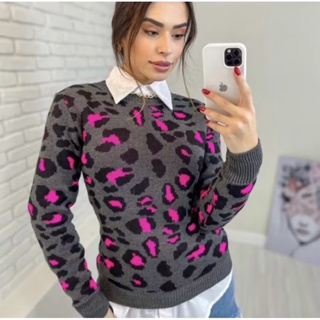 Blusa Feminina Tricô Onça Animal Print Xela Malhas Tricot em Oferta na Shopee