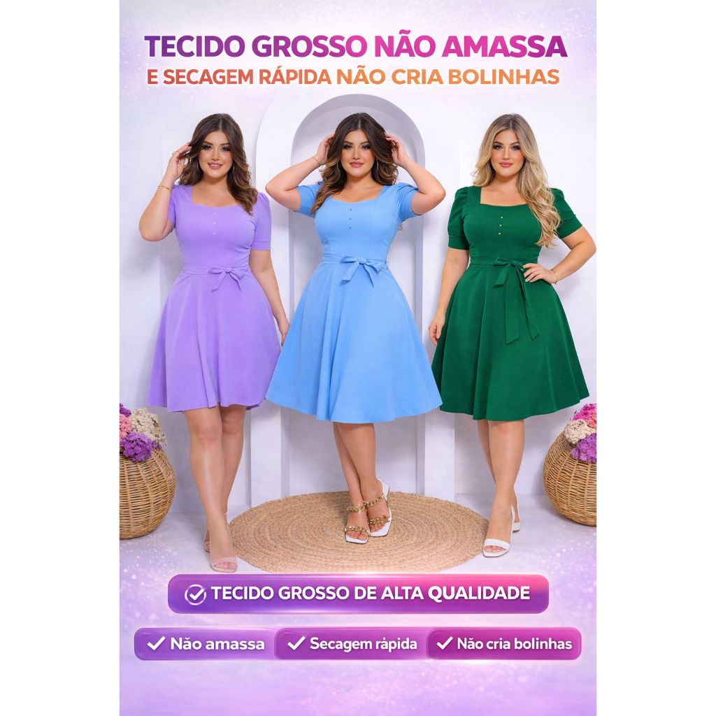 Vestido Plus Size Evangélico Roxo Manga Princesa Rodado MidI Casua Festa