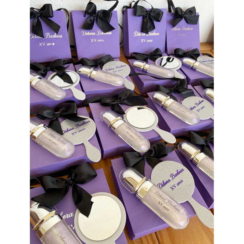 Kit Lembrancinha Personalizada com Sacolinha, Espelho e Gloss | Festa 15 Anos, Dia da Mulher, Brinde Salão de Beleza