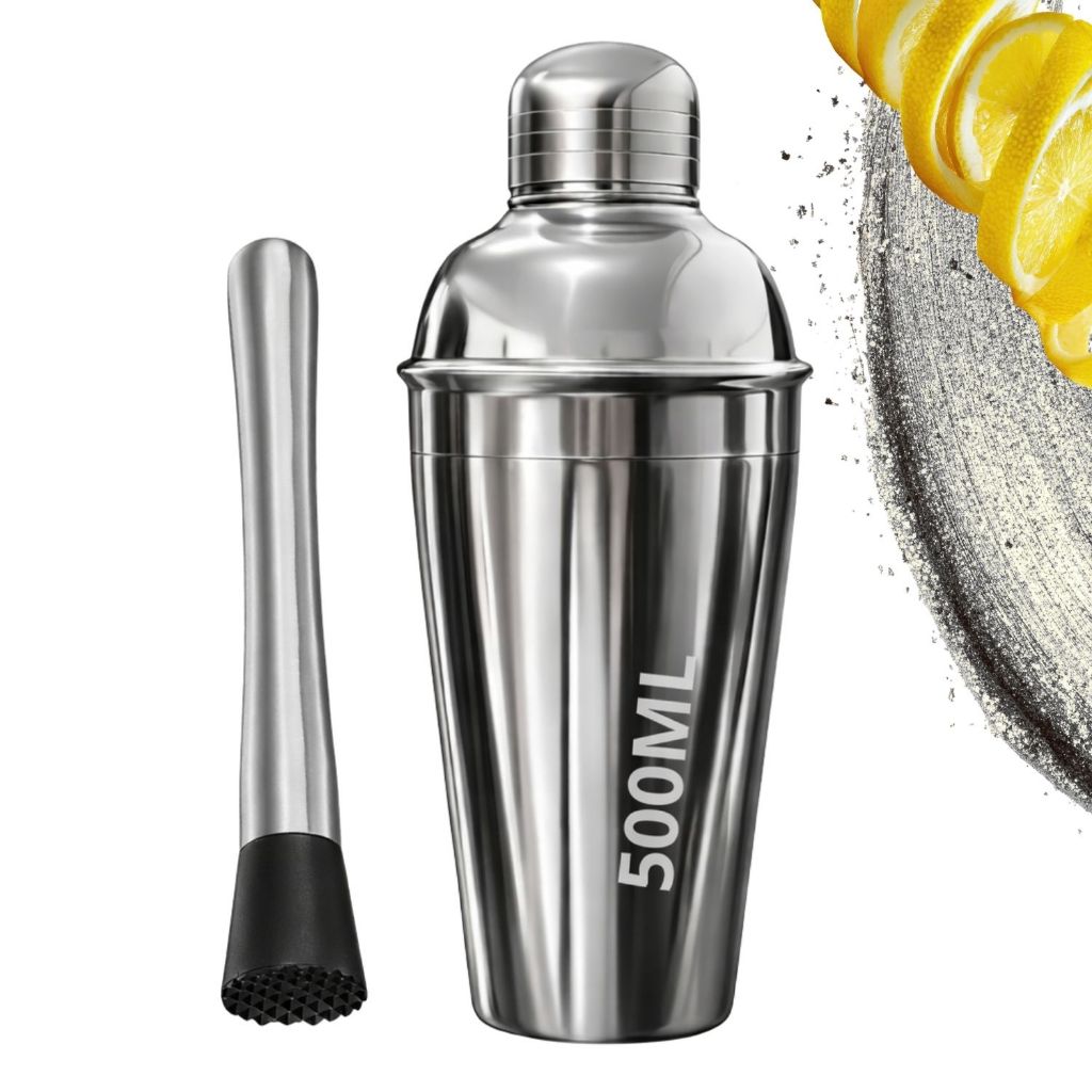 Kit Coqueteleira 500 ml + Socador Inox Profissional Bartender Bar Restaurante Drink Evento
