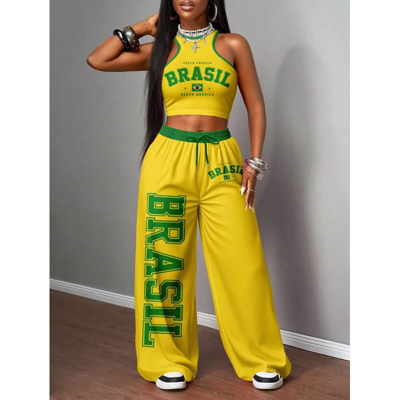 Blusa Brasil Cropped Calça Conjunto Streetwear PP ao Plus Size 2pçs Copa do Mundo Seleção Brasileira Verde Amarelo COP04