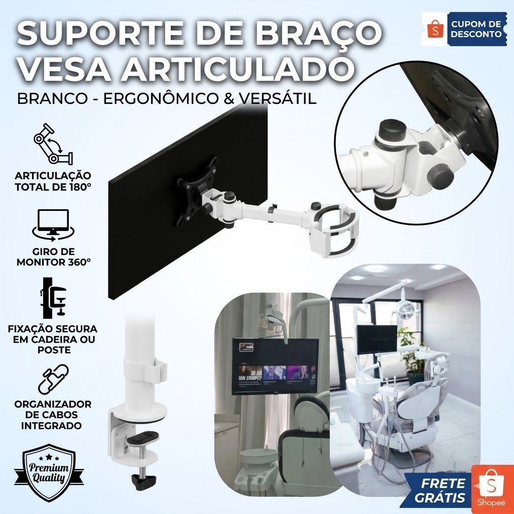 SUPORTE DE TV/MONITOR CADEIRA ODONTOLOGICA ARTICULADO 3 MOVIMENTOS INCLINAÇÃO 90º FIXAÇÃO EM TUBO TELA DE 10 ATÉ 32 POL