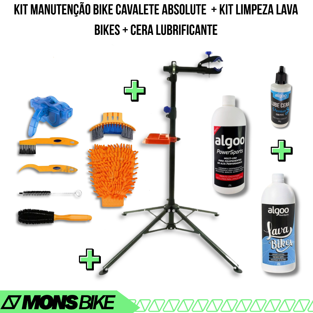 Kit Manutenção Bike Cavalete Absolute + Kit Limpeza Desengraxante Lava Bikes + Cera Lubrificante