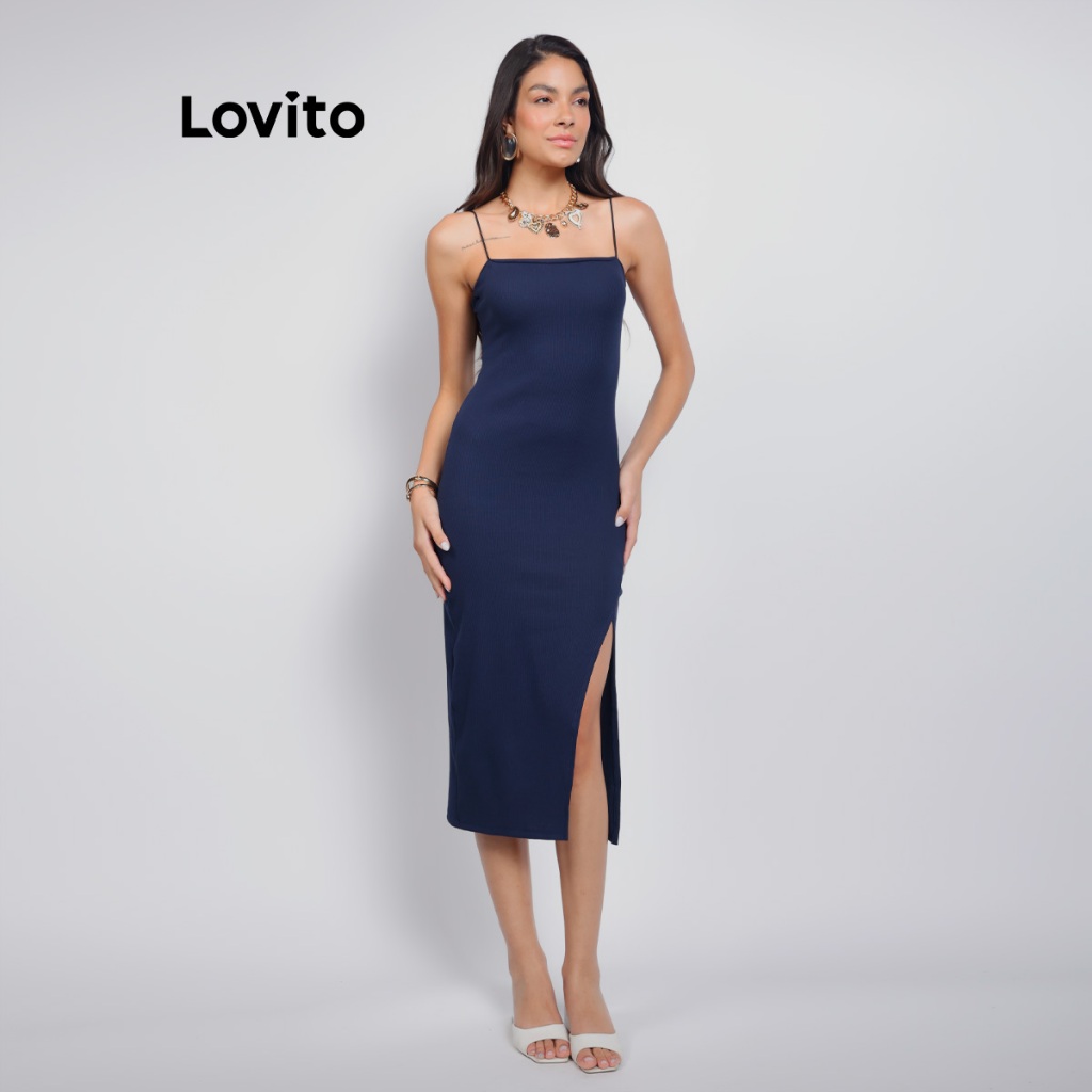 Lovito Vestido Feminino Malha Canelada de Alças Finas DRB19391969