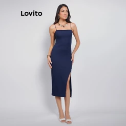 Lovito Vestido Feminino Malha Canelada de Alças Finas DRB19391969