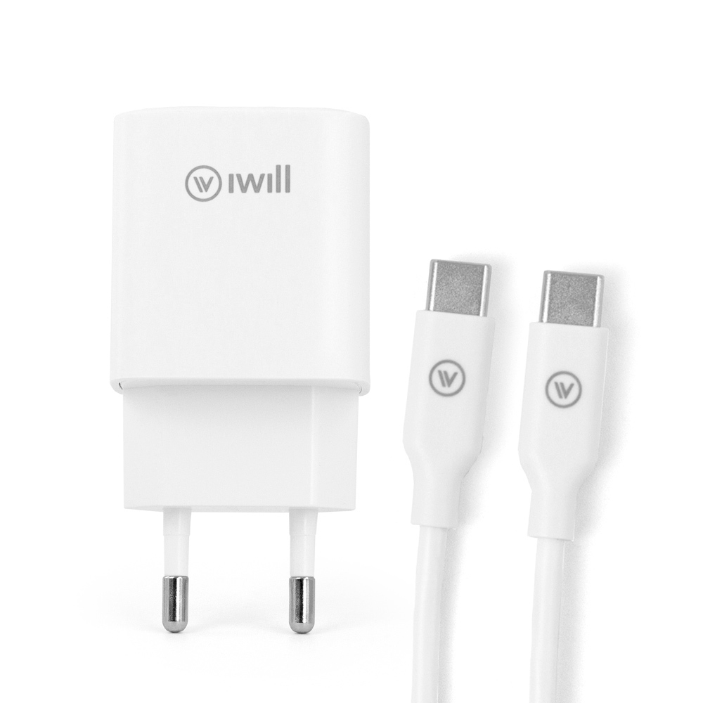 Kit Carregador Turbo 20W USB-C com Cabo USB-C 1m Carregamento Rápido PD Bivolt Branco iWill Essencial
