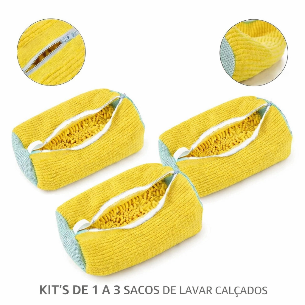 Kit 1 a 3 Sacos para Lavar Tênis na Máquina – Protetor Reforçado com Fibras de Limpeza e Zíper de Segurança