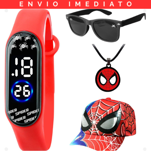 Kit Presente Relogio Digital Infantil Prova Dagua + Colar Homem Aranha + Oculos Sol + Boné Ajustavel Aniversario Menino