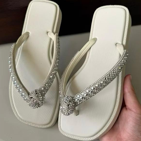 Sandália Rasteira Strass Nó Lançamento Feminino Tendência Luxo Chinelo Confortável