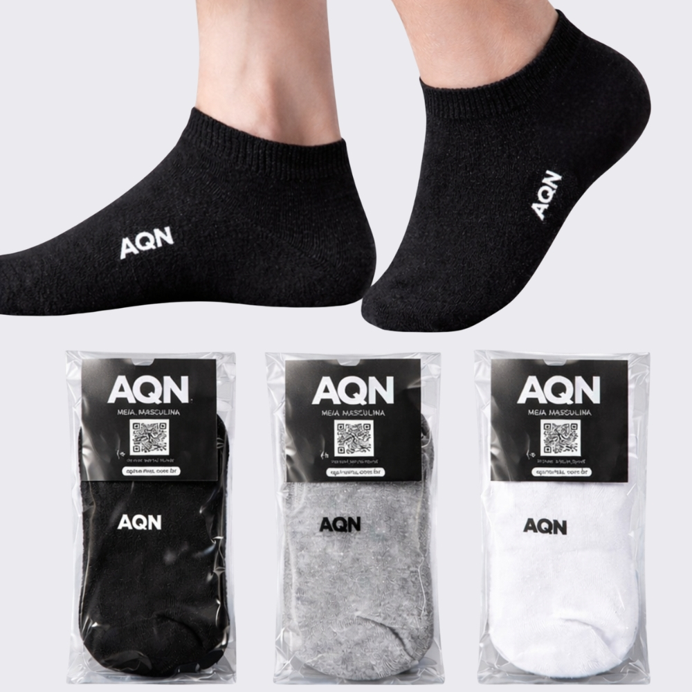 Imagem Meia Soquete Masculina Invisível Kit 3 Pares AQN SPORT Conforto Preta Branca Cinza