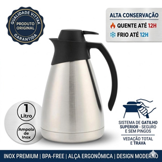 Vittak Garrafa Térmica Inox 1 Litro com Gatilho de Pressão Bule para Café Chá Leite Chimarrão, Mantém Quente e Frio em Oferta na Shopee