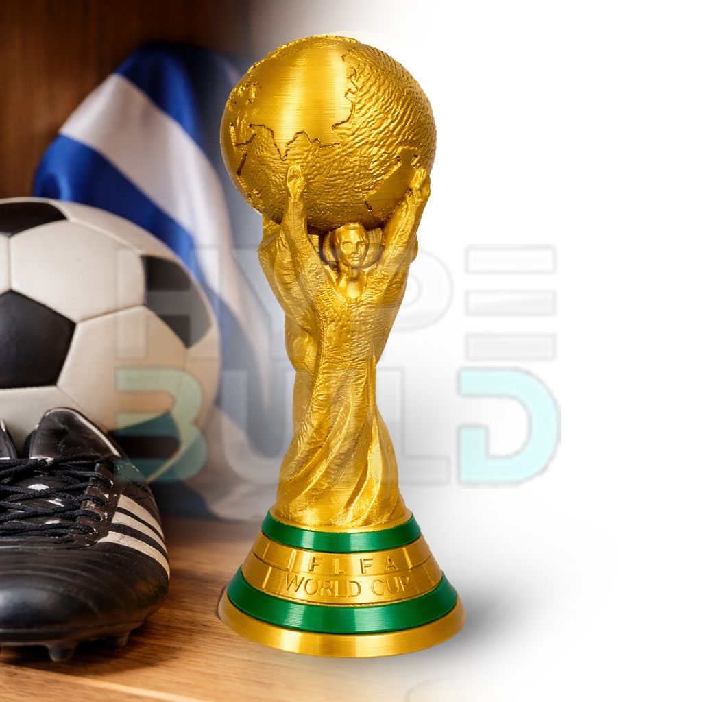 Taça Copa do Mundo 3D Realista Dourada e Verde | Troféu Decorativo Futebol Alta Qualidade