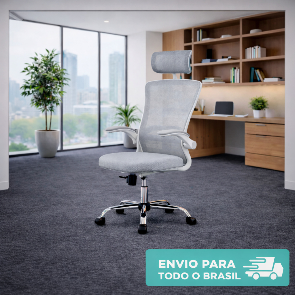 Cadeira de Escritório Ergonômica Cinza com Apoio Lombar, Braços Ajustáveis e Encosto Mesh – BRIELLI HOME em Oferta na Shopee