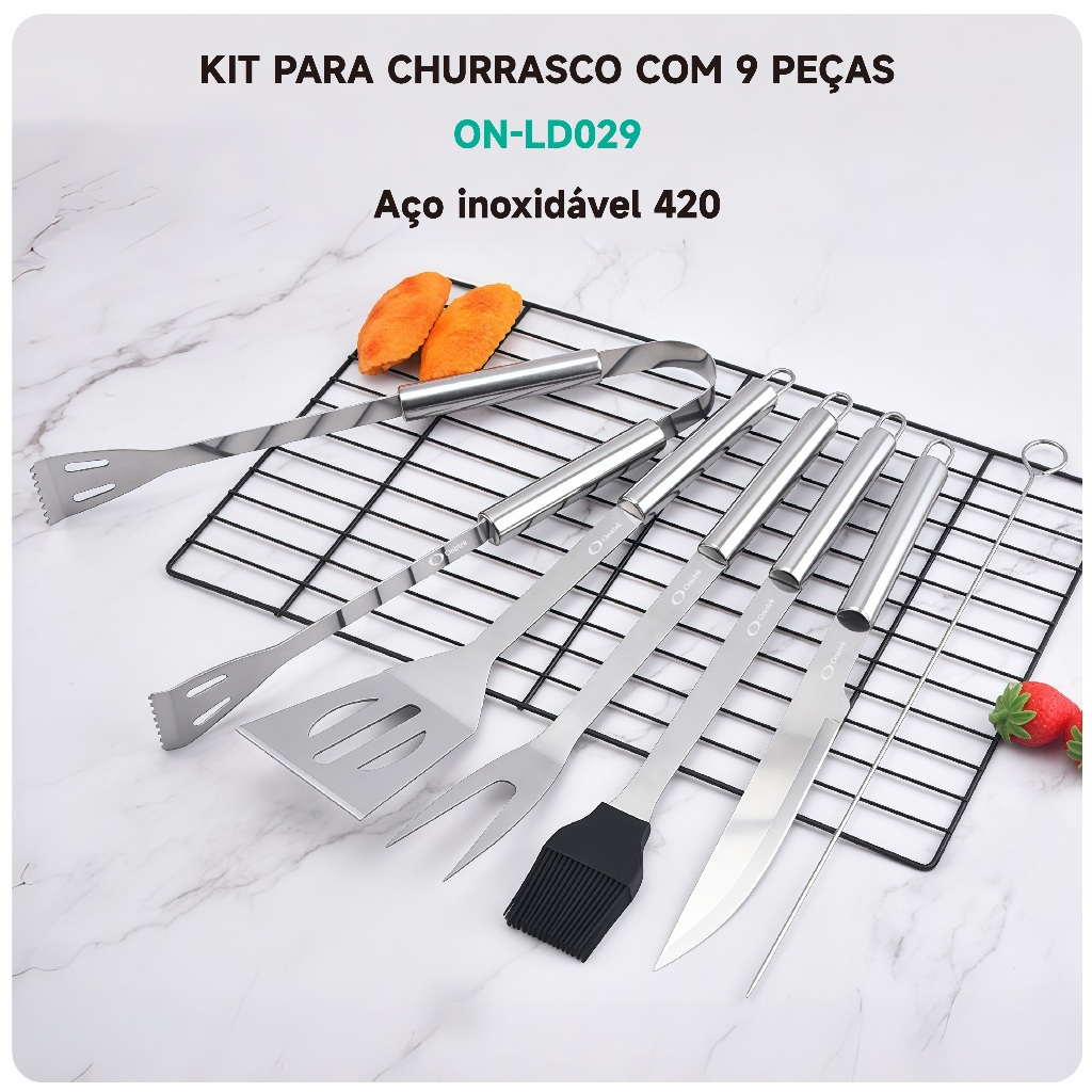 Kit para Churrasco Profissional Jogo de Utensílios 9 Peças Aço Inox 420 com Maleta Prata ON-LD029