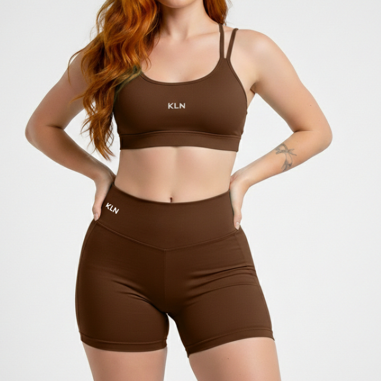 Conjunto Academia Feminino Top Sem Bojo Short Legging C Bolso Poliamida Zero Transparência KLN