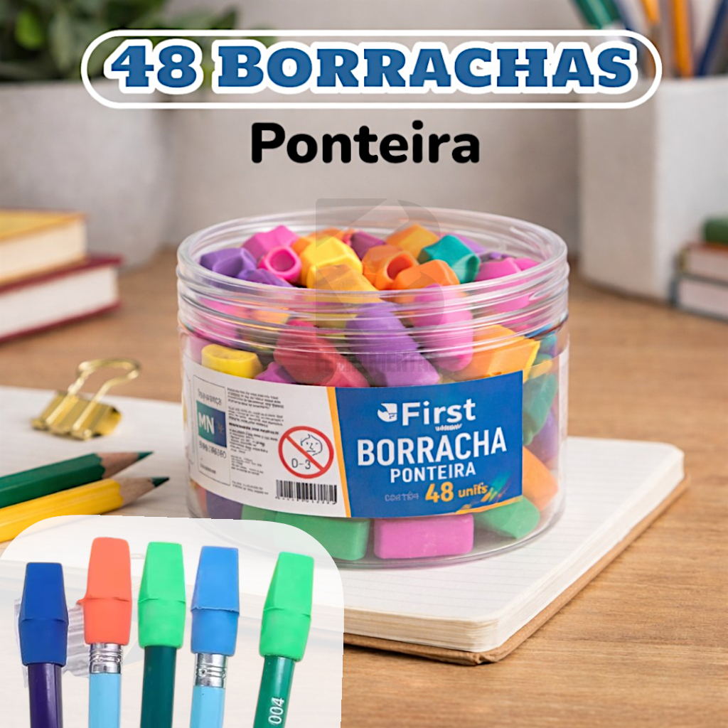 Kit Pote 48 Borracha de lápis Escolares Ponteira Coloridas Neon Encaixe de Lápis First 48 unid Atacado