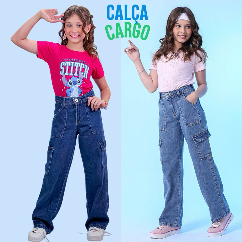 Calça Cargo Wideleg Jeans Cintura Alta Feminina Infantil e Juvenil Confortavel Soltinha em Oferta na Shopee