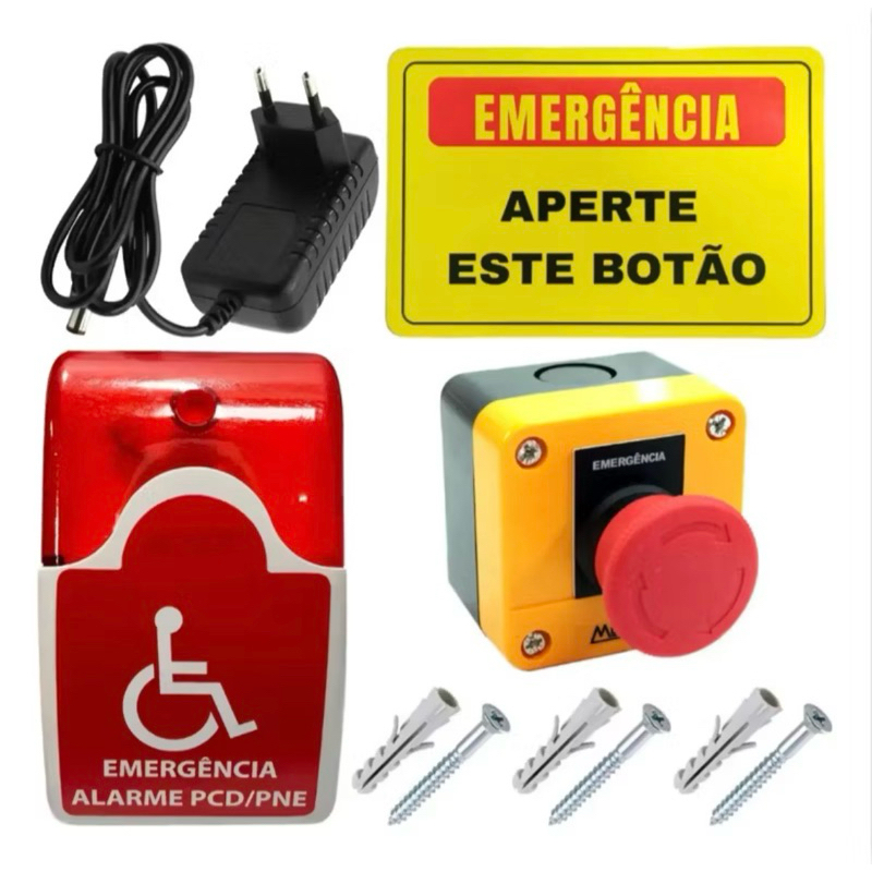 Alarme de Emergência PCD para Banheiro com Sirene Audiovisual – 1 Botão Cogumelo