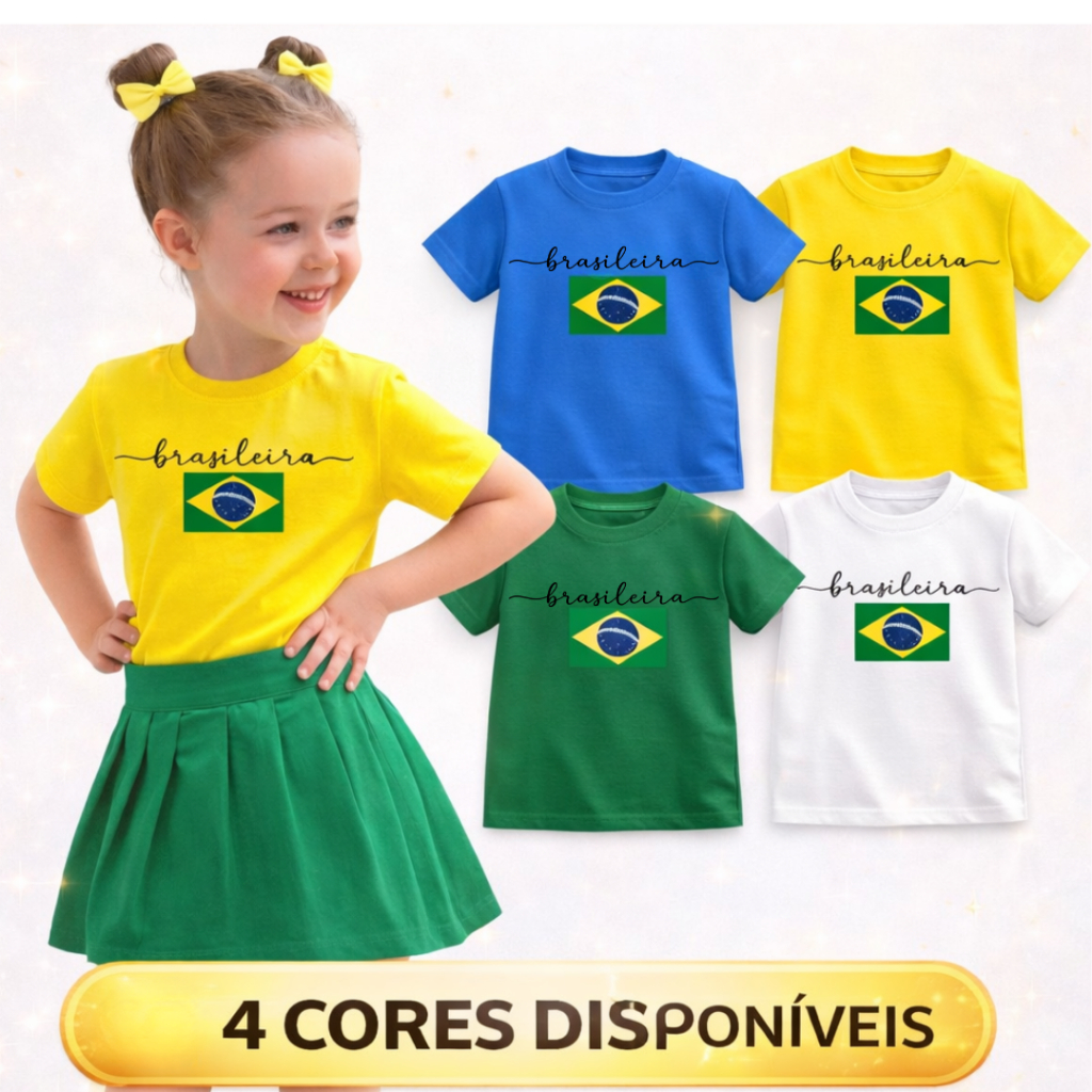 Camiseta Infantil Brasileira 🇧🇷 100% Algodão Premium 30.1 Menina Estampa Bandeira do Brasil