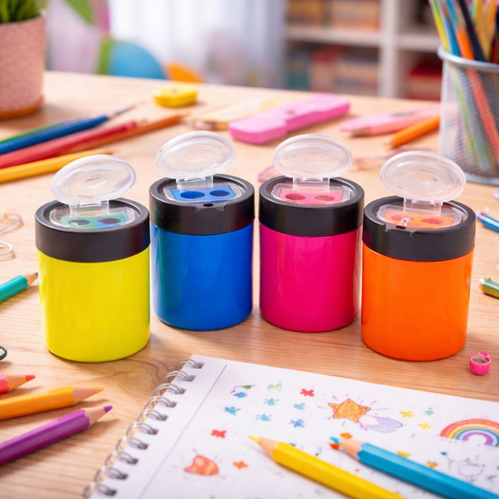 Kit 12 Apontador Duplo Cestinha Com Depósito Neon Mini Cestinha Escolar Atacado Volta as Aulas · foto 2