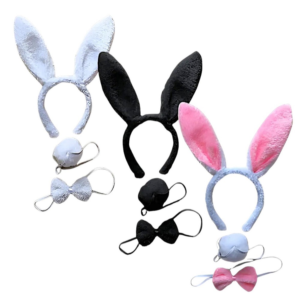 Kit Tiara de coelho com gravata e rabinho para festa fantasia cosplay Páscoa Coelhinha Preto