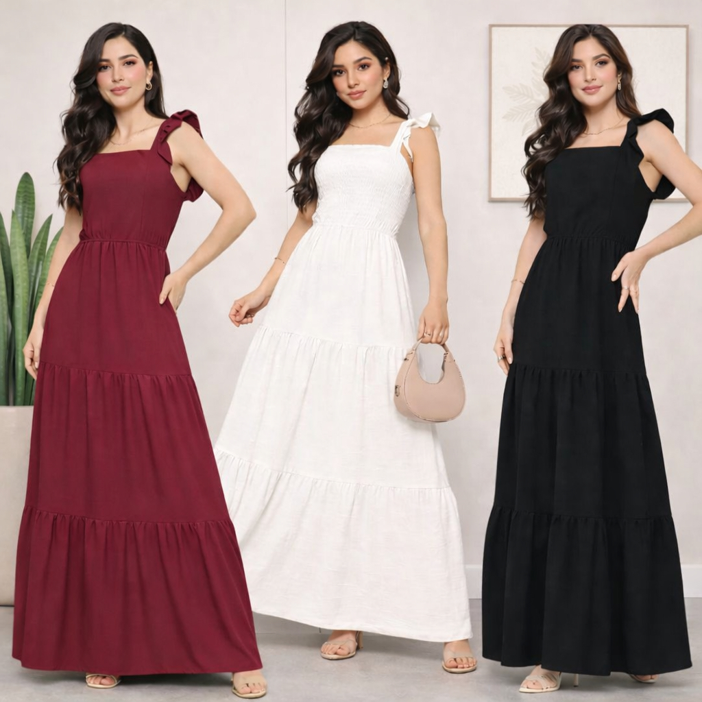 Vestido Dora Longo Feminino Slim e Plus Size Três Marias Moda Mulher Evangélica Elegante Festa Manga Alça Babado Duna