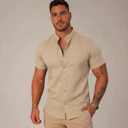 Camisa Social Masculina Gola Padre Manga Curta Aspecto Linho