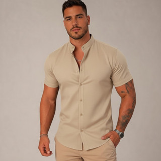 Camisa Social Masculina Gola Padre Manga Curta Aspecto Linho