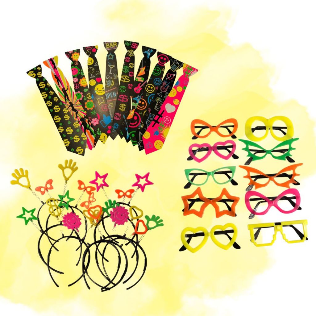 Kit 60 peças Festa Balada Neon Brilha na Luz Negra Óculos Tiaras Gravatas