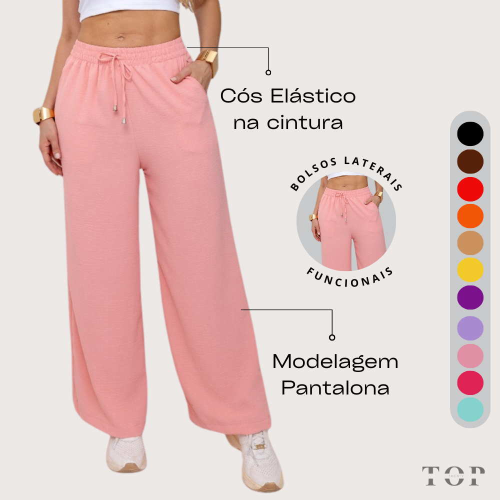 Calça Pantalona Feminina Cintura Alta Com Bolso e Elástico na Cintura Tecido Duna