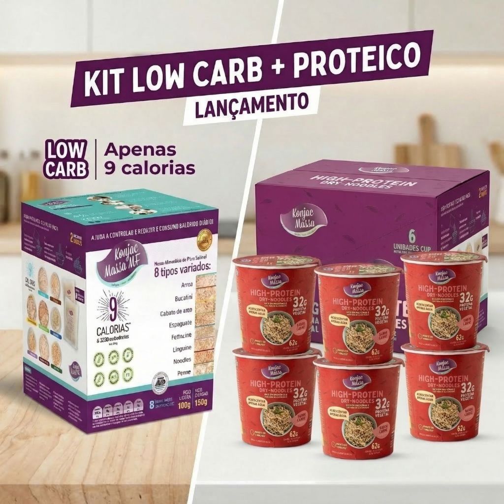 Combo Konjac Massa Box Mix + Kit 6 Cups Proteico Sabor Carne Macarrão Zero Calorias Alta Proteína