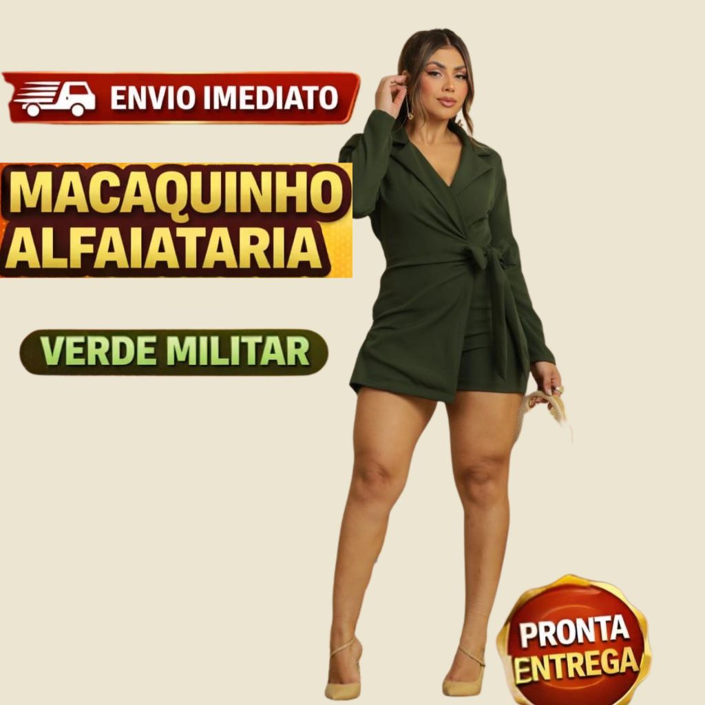 Macaquinho Blazer Verde Militar  Feminino Alfaiataria Manga Longa com Short Interno - Veste 38/M