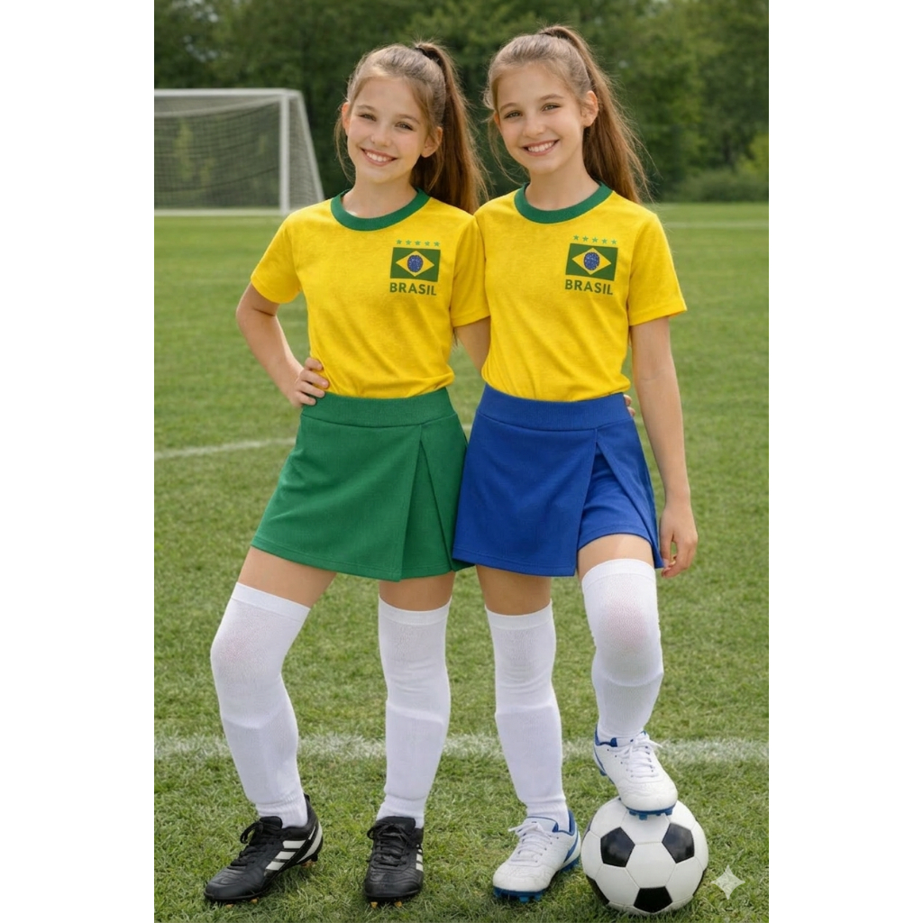 Conjunto Infantil Brasil Menino e Menina Shorts Saia e blusa Copa 8 a 16 Anos Roupa Torcida Verde Amarelo