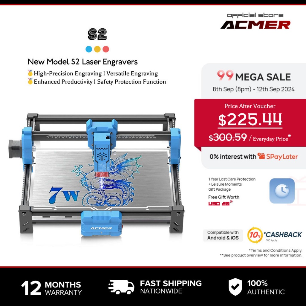 Gravador a laser, máquina de corte a laser ACMER S2 7W (7000mW), saída de 48W, precisão de 0,01mm, área de 300×300mm