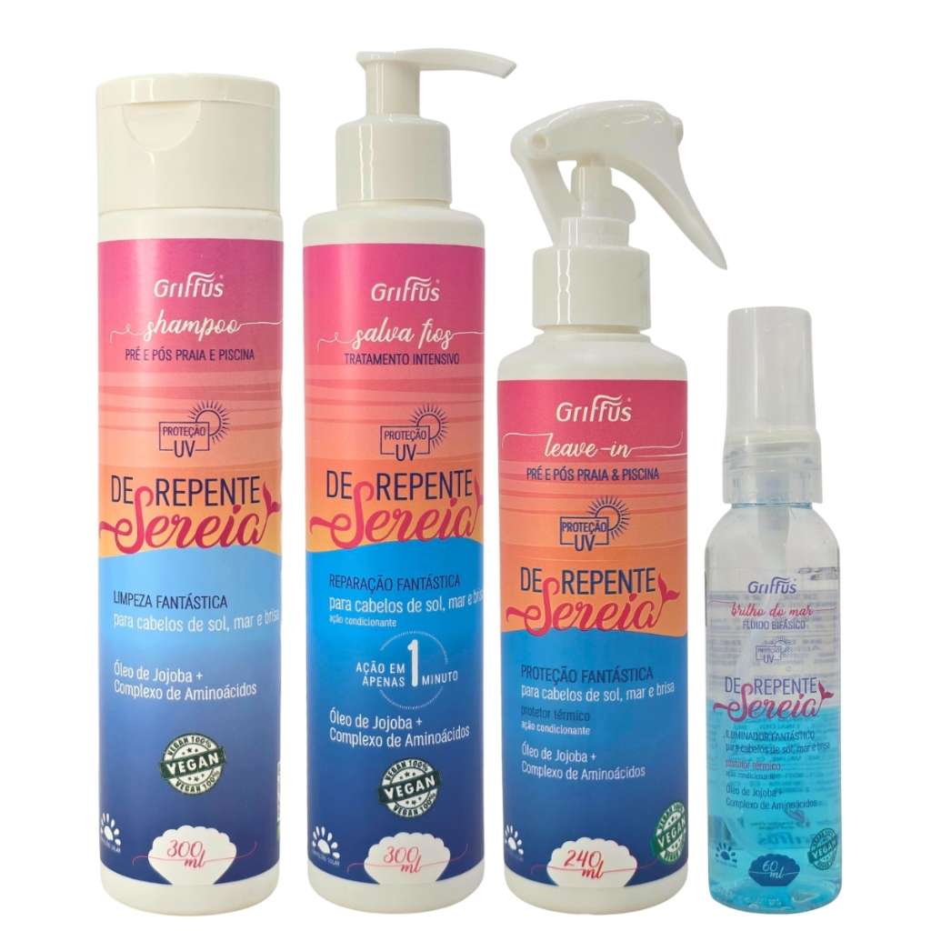 Kit Shampoo + Tratamento + Leave-in + Fluido De Repente Sereia Vegano Griffus em Oferta na Shopee