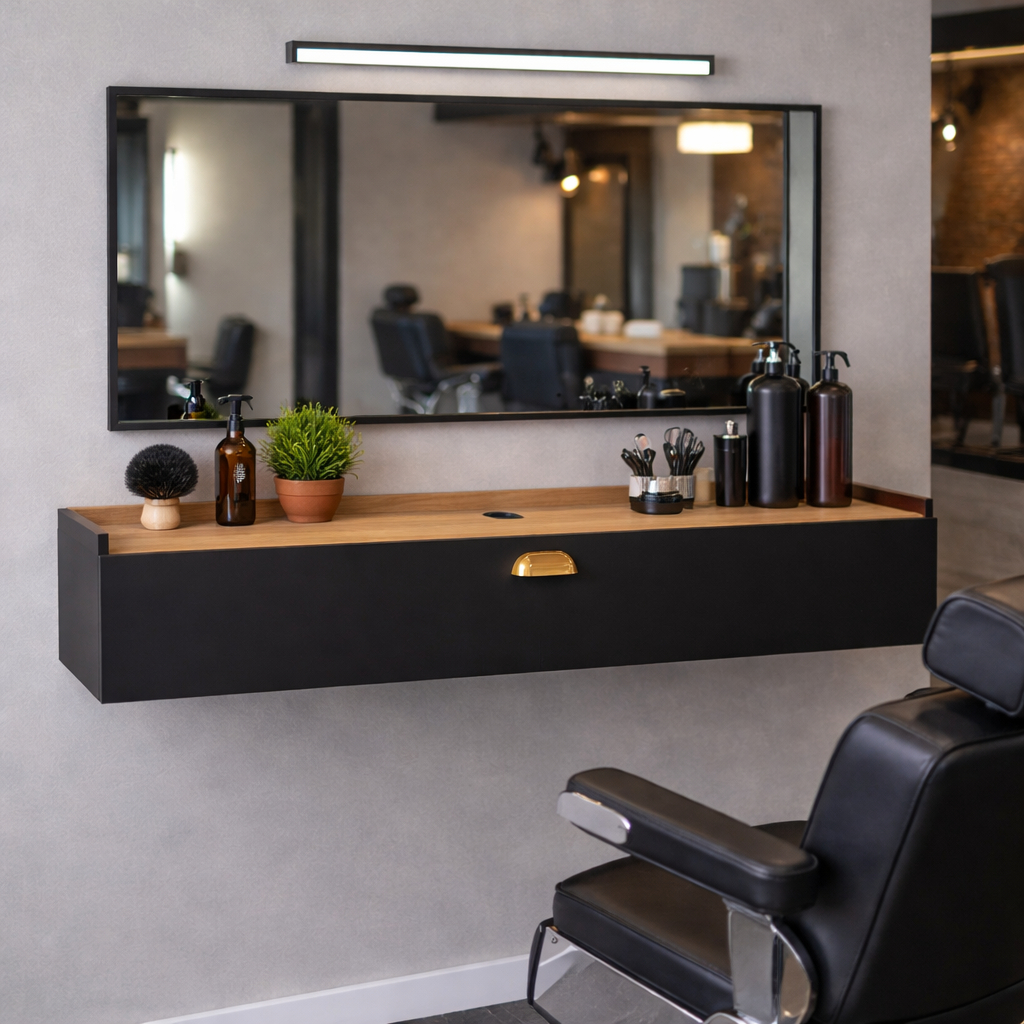 Painel Suspenso Barbeiro 90cm com Porta Basculante e Passa Fio | Nicho Organizador Profissional Barbershop