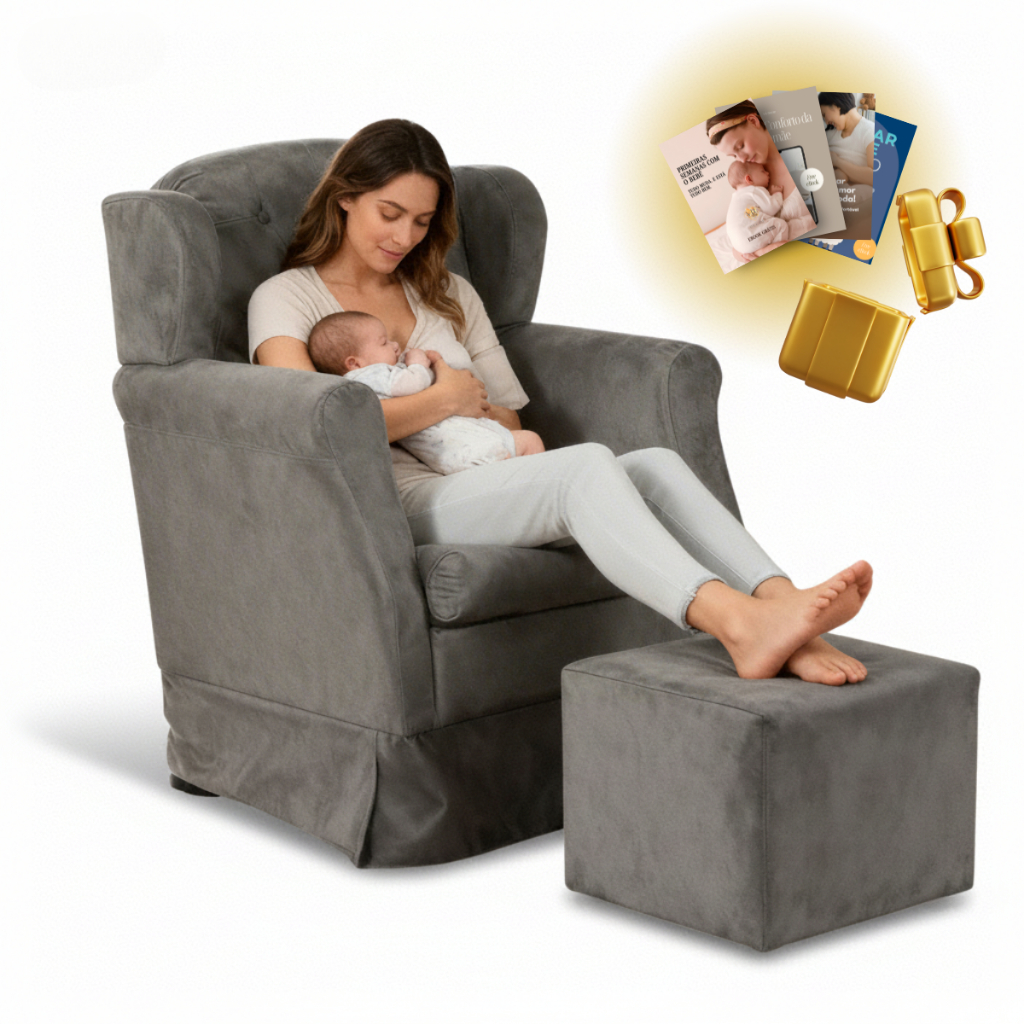 Poltrona Amamentação Balanço com Puff Suede Confortável para Quarto de Bebê