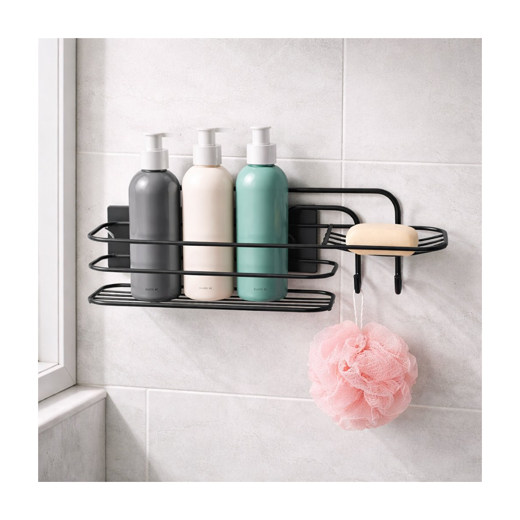 Suporte Banheiro Cantoneira Porta Shampoo Saboneteira Aramado Fita Dupla Face Preto Arthi
