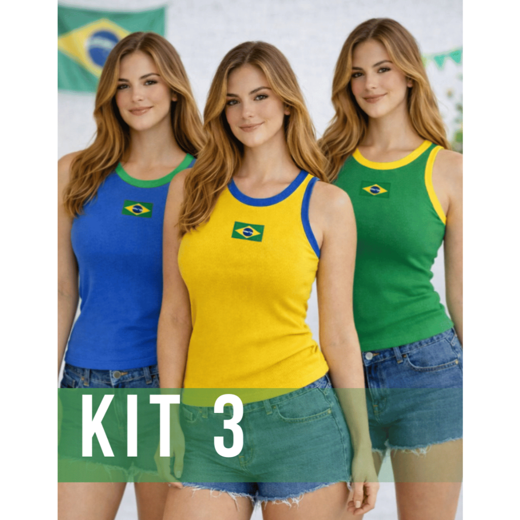 Kit 3 Regatas Feminina Brasil Canelada Bandeira Bordada Copa Blusinha Torcida Verão Moda Blogueira Algodão