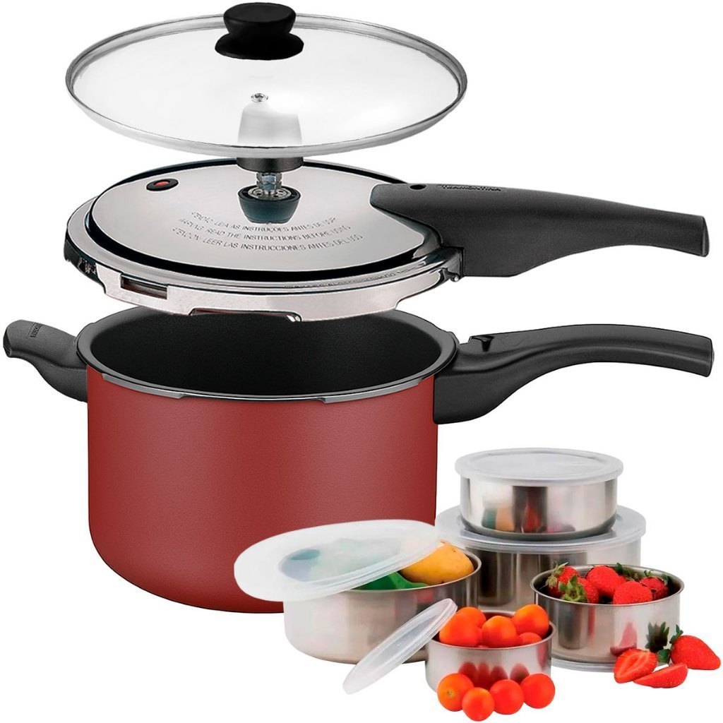 Panela de Pressão Tramontina Vancouver Vermelha 2 em 1 e Conjunto de Tigelas 5 Peças em Aço Inox em Oferta na Shopee