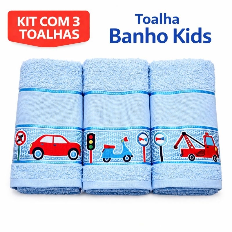 Kit 3 Toalhas Banho Infantil Carrinhos Azul 100% Algodão 1,10m x 62cm Toalha Kids