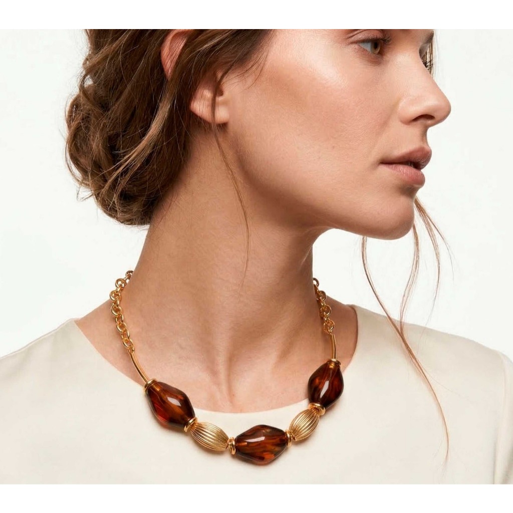 Colar Choker Gargantilha Feminino Dourado E Acrílico Marrom Gargantilha Elegante Moderna Acessório Sofisticado