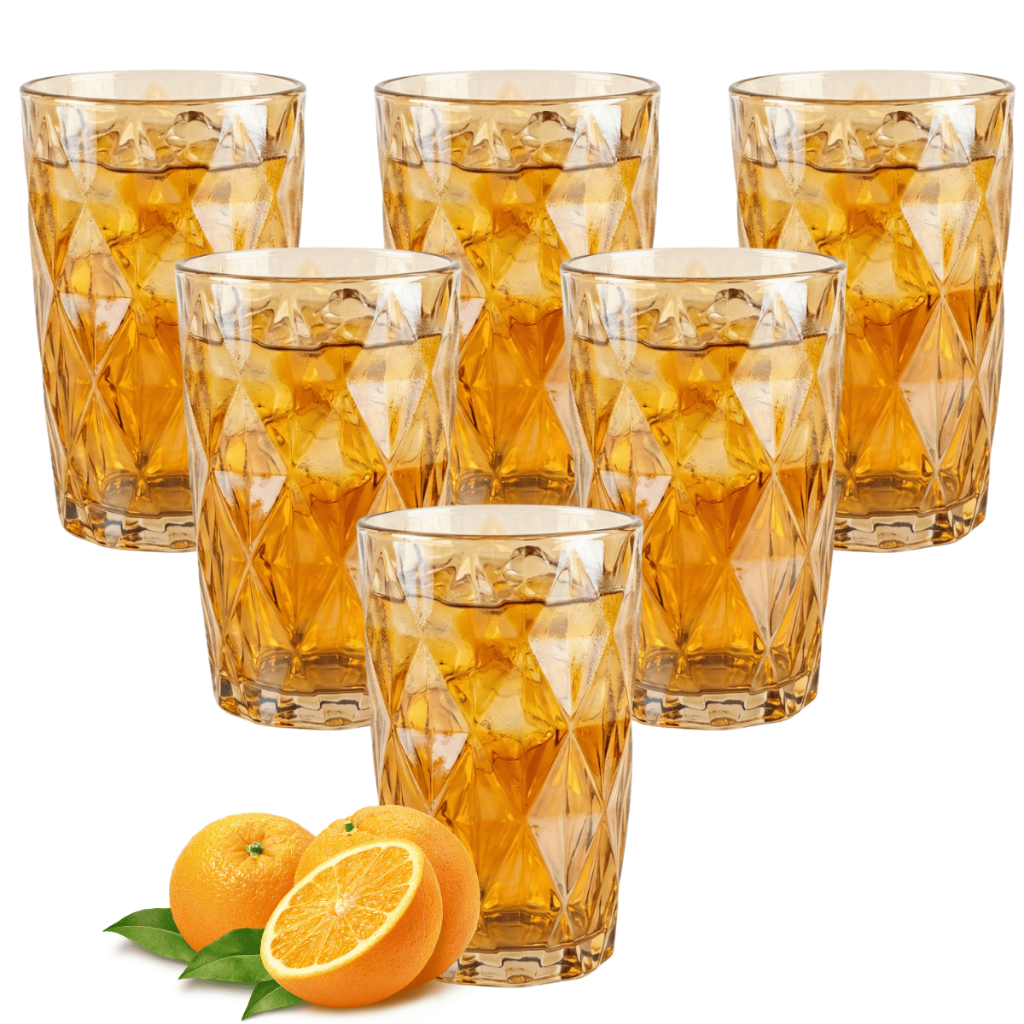 Jogo 6 Copos Altos De Vidro Grosso Diamond Âmbar Dourada 400ml Suco Água Drinks Refrigerante