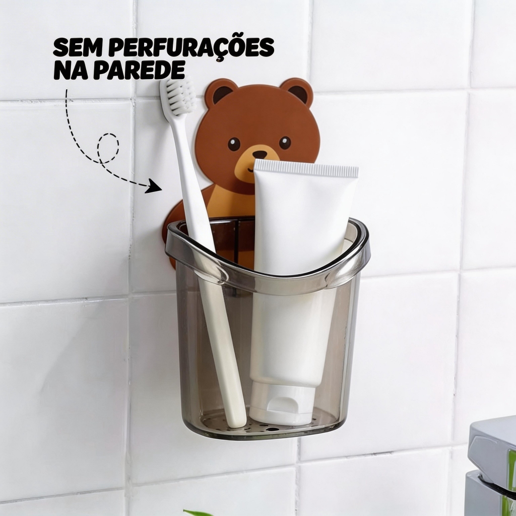 Porta Escova de Dentes Adesivo com Urso, Kit 2 Unidades, com Drenagem de Água