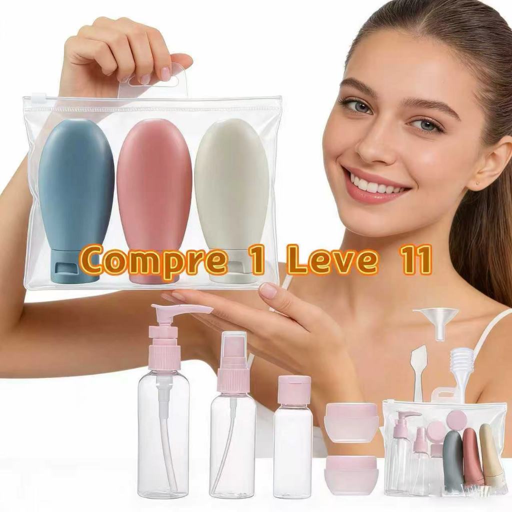 Imagem Kit Viagem 11 Peça Higiene Pessoal Shampoo Creme Hidratante Frasco Pote Spray