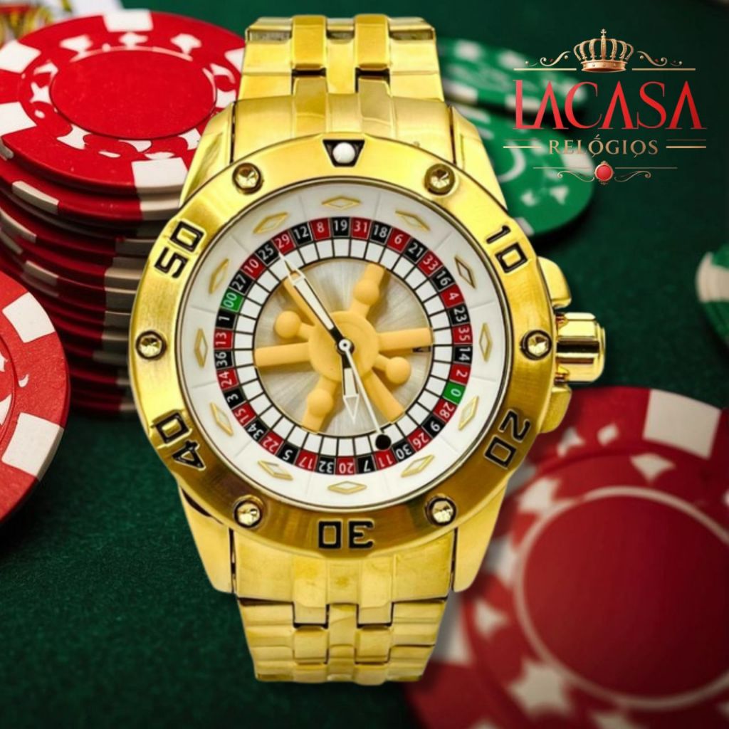 Relógio Masculino Luxo Invicta Dourado Preto Branco Azul Casual Roleta Cassino Quartzo Elegante