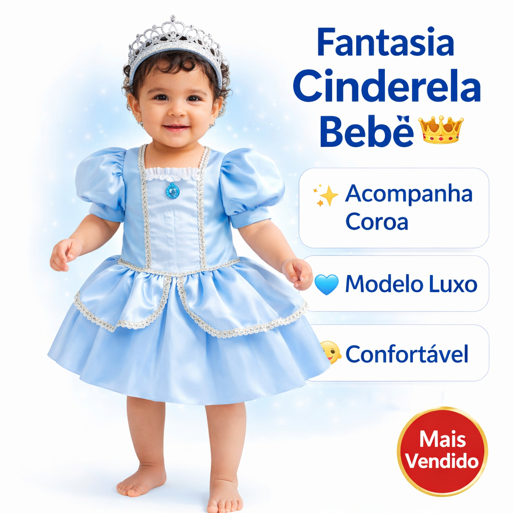 Fantasia Cinderela Bebê Luxo Princesa com Coroa  Festa Aniversário Mêsversario Menina Vestido Princesa Azul